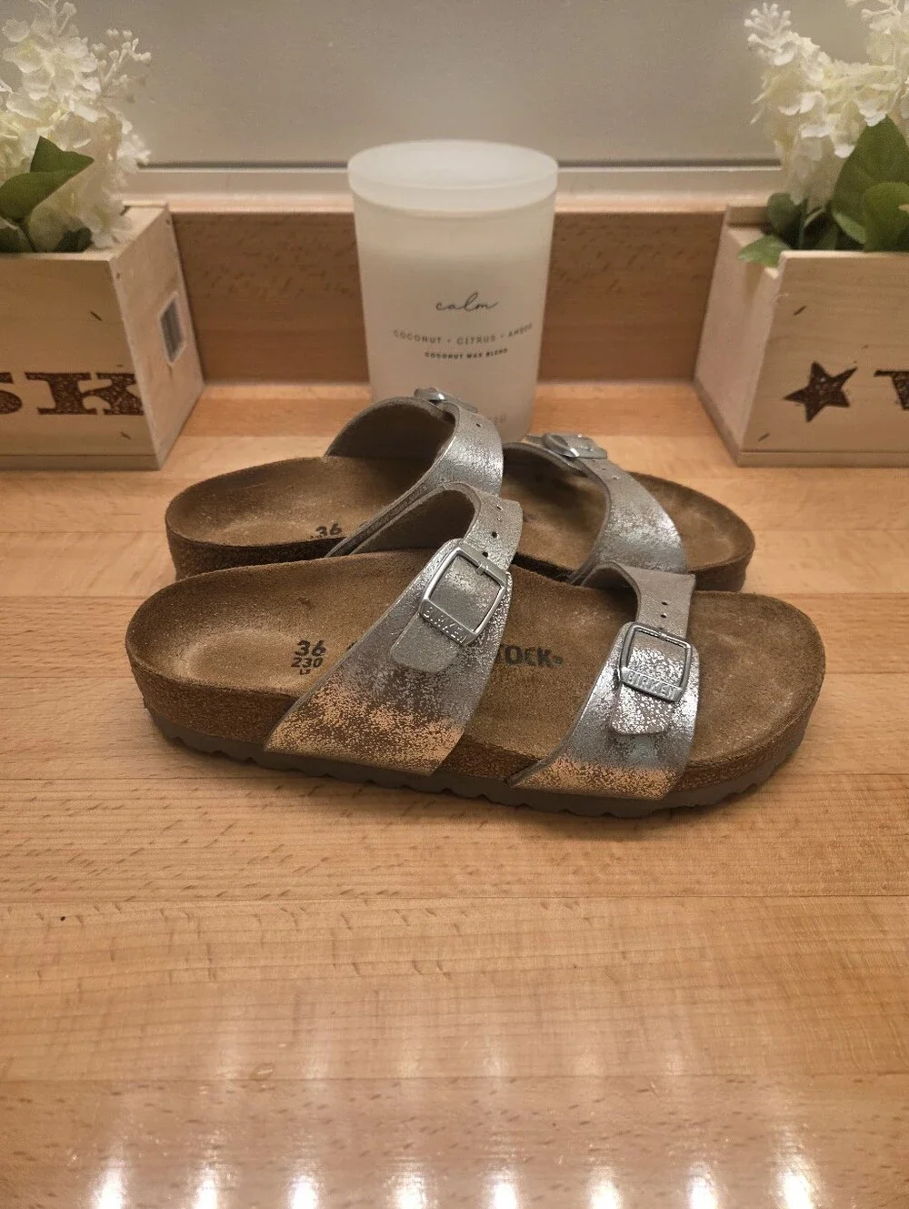 Birkenstock Sydney Sandals Washed Metallic Silver Women's Size EU 36